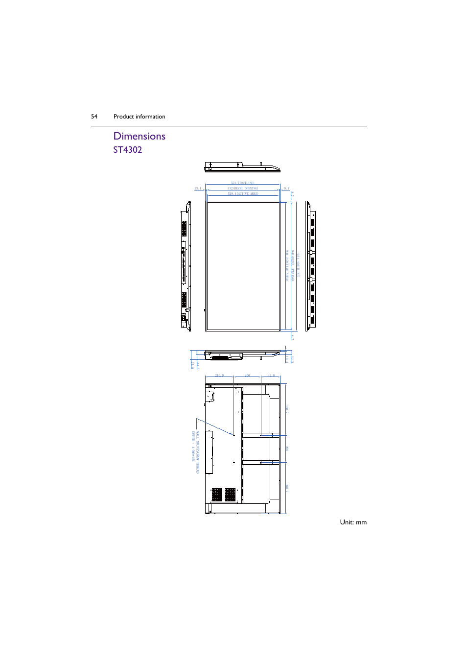 Dimensions, St4302, Unit: mm | Product information 54 | BenQ ST8602S 86" 4K SmSignage Display User Manual | Page 54 / 61