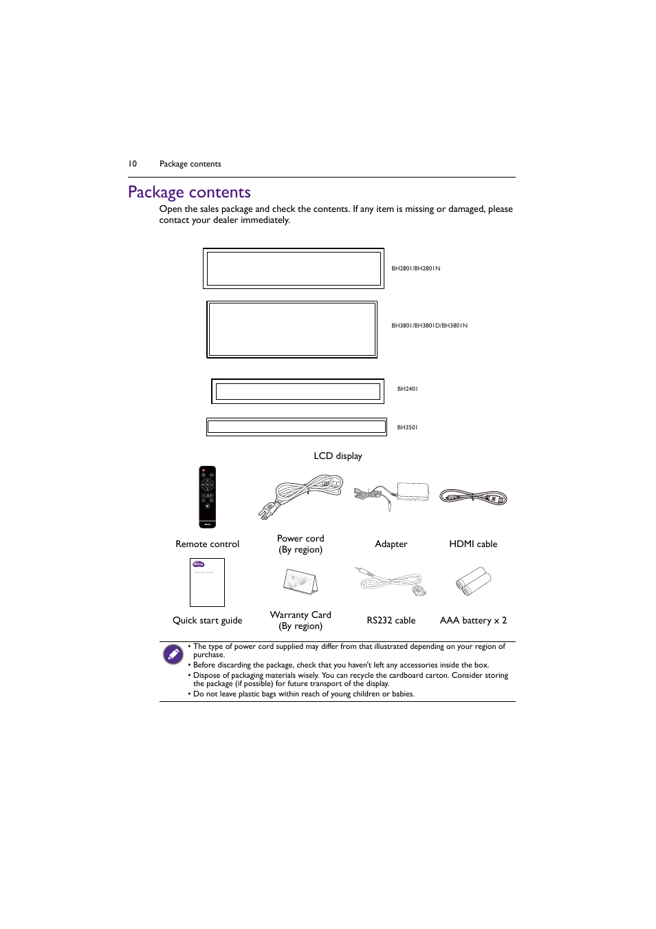 Package contents | BenQ BH2801 28" Bar-Type Stretched Commercial Display User Manual | Page 10 / 58