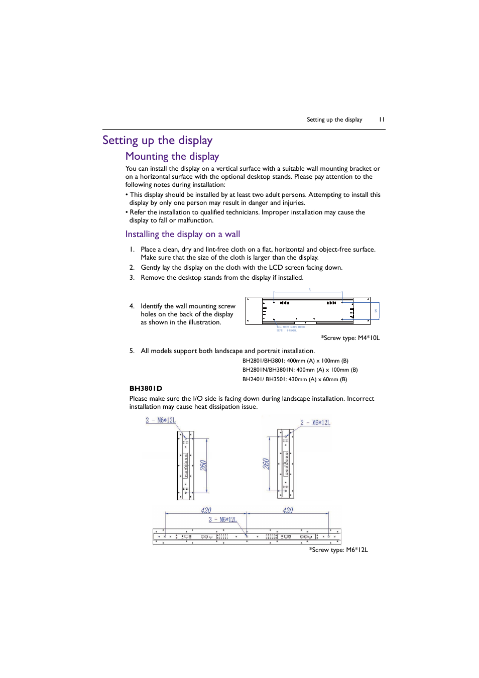 Setting up the display, Mounting the display, Installing the display on a wall | BenQ BH2801 28" Bar-Type Stretched Commercial Display User Manual | Page 11 / 58