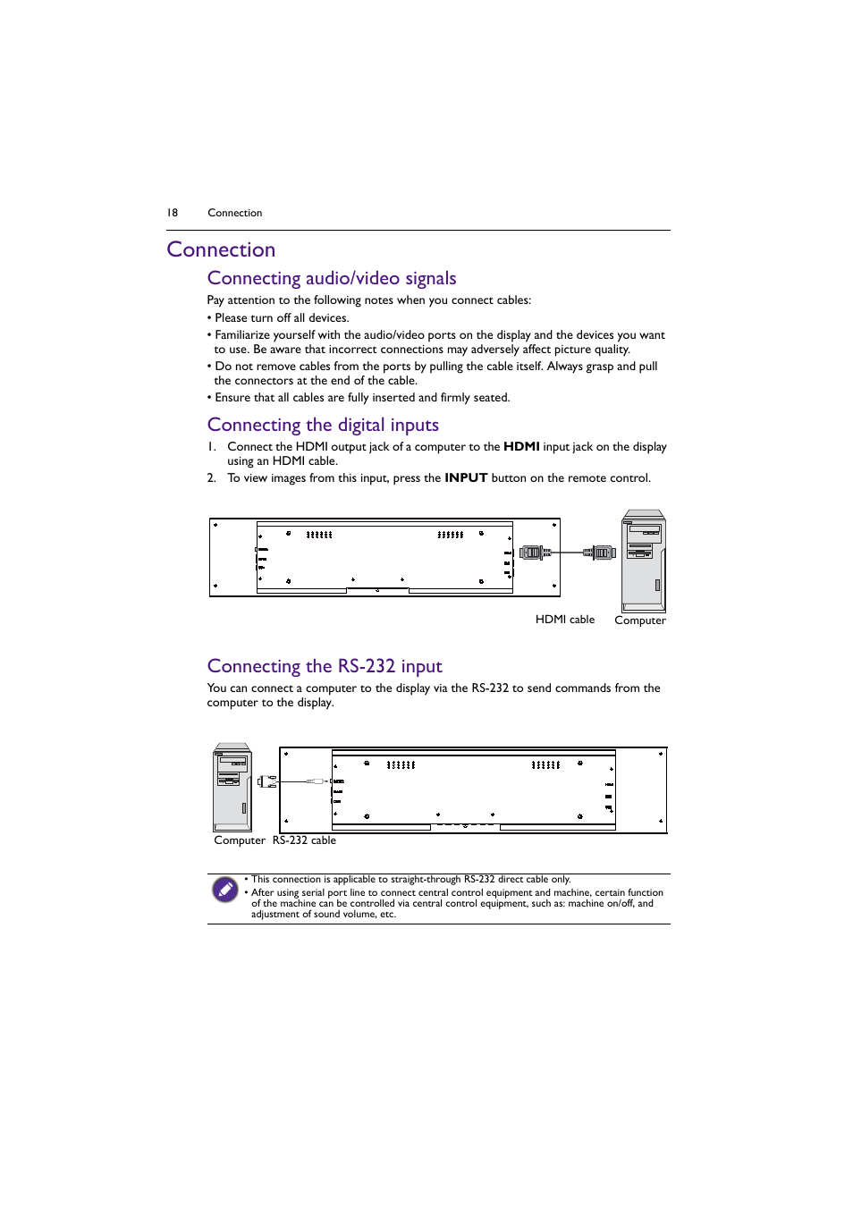 Connection, Connecting audio/video signals, Connecting the digital inputs | Connecting the rs-232 input | BenQ BH2801 28" Bar-Type Stretched Commercial Display User Manual | Page 18 / 58