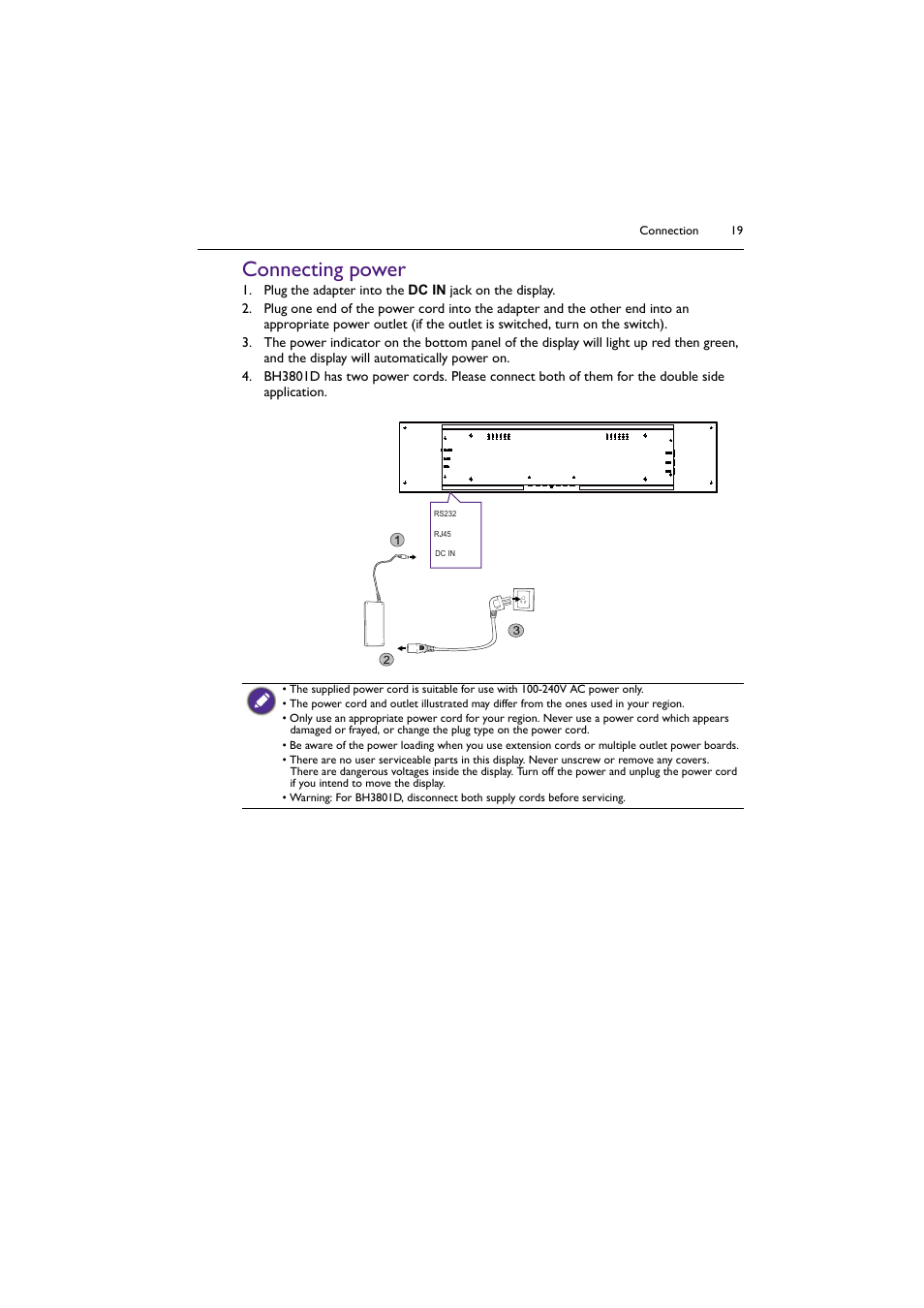 Connecting power | BenQ BH2801 28" Bar-Type Stretched Commercial Display User Manual | Page 19 / 58