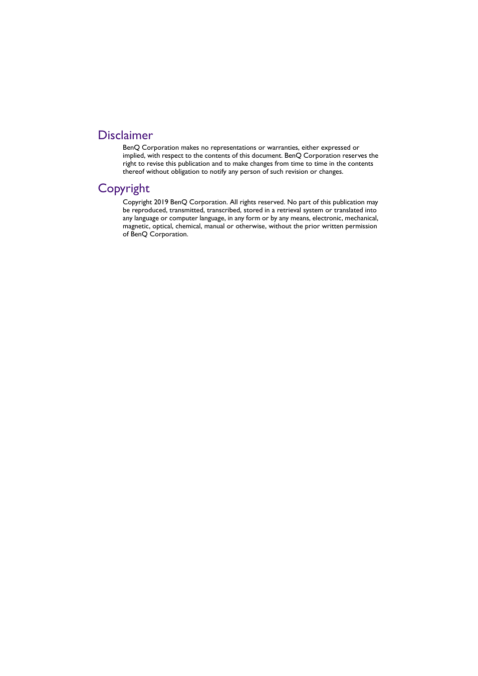 Disclaimer, Copyright | BenQ BH2801 28" Bar-Type Stretched Commercial Display User Manual | Page 2 / 58