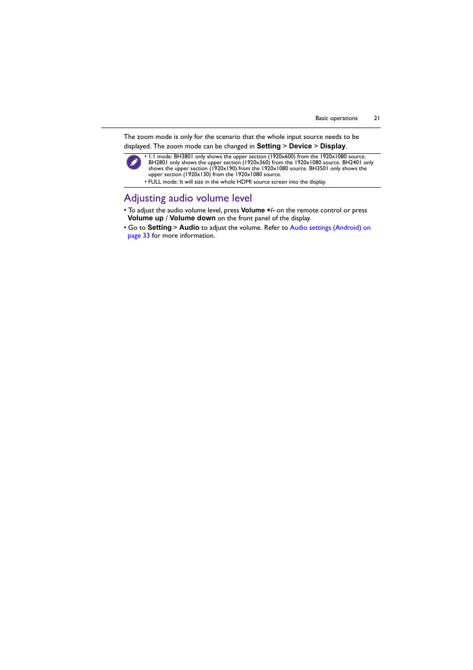 Adjusting audio volume level | BenQ BH2801 28" Bar-Type Stretched Commercial Display User Manual | Page 21 / 58