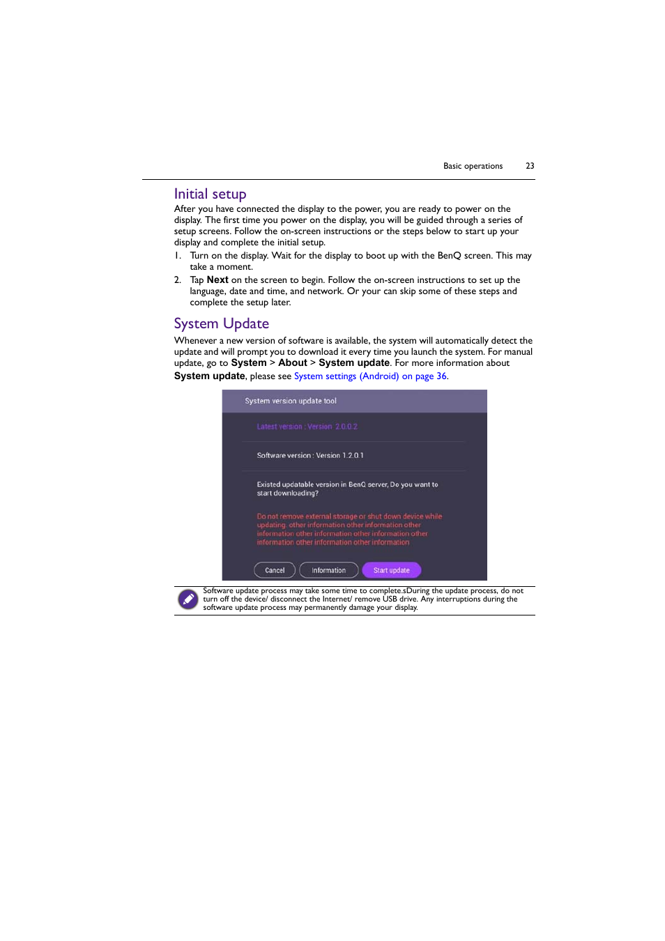 Initial setup, System update, Initial setup system update | BenQ BH2801 28" Bar-Type Stretched Commercial Display User Manual | Page 23 / 58