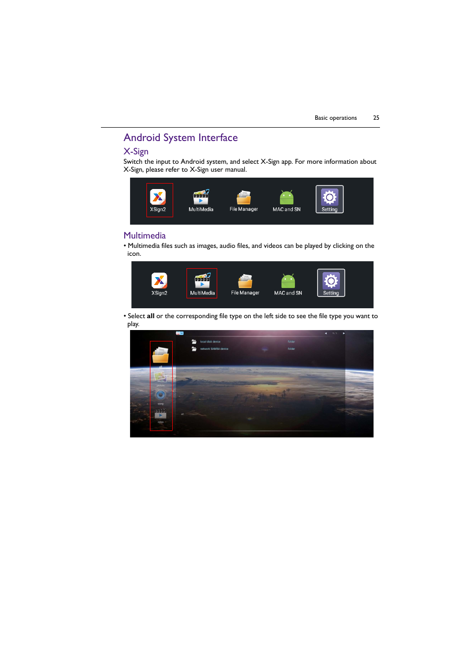 Android system interface, Multimedia, X-sign | BenQ BH2801 28" Bar-Type Stretched Commercial Display User Manual | Page 25 / 58