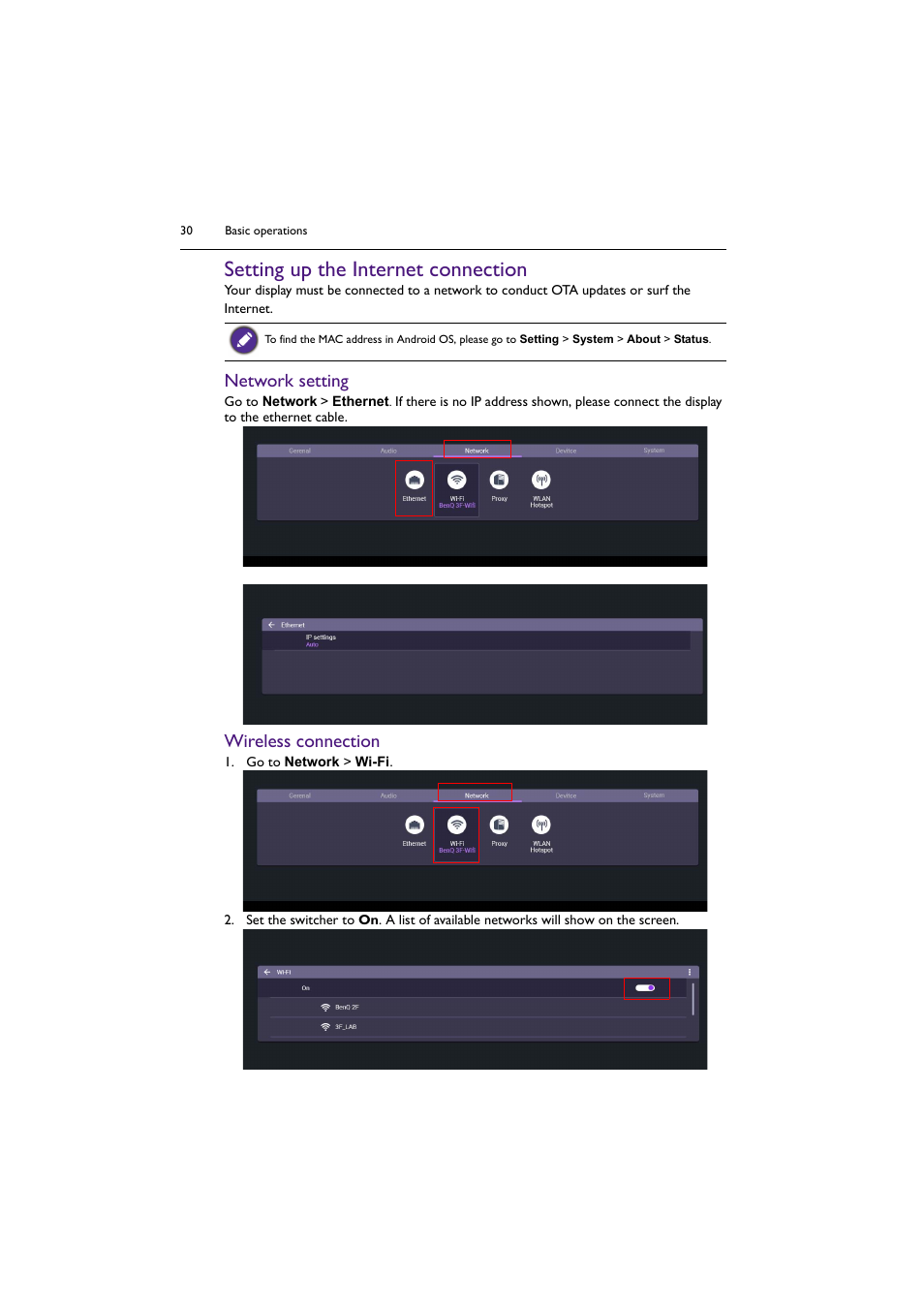 Setting up the internet connection, Network setting, Wireless connection | BenQ BH2801 28" Bar-Type Stretched Commercial Display User Manual | Page 30 / 58