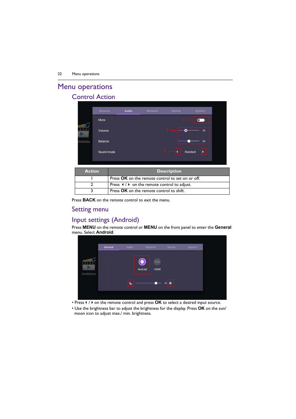 Menu operations, Control action, Setting menu | Input settings (android), Setting menu input settings (android) | BenQ BH2801 28" Bar-Type Stretched Commercial Display User Manual | Page 32 / 58