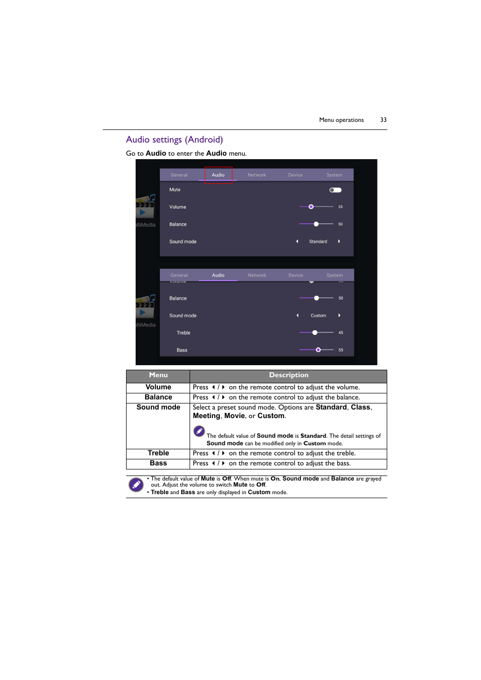 Audio settings (android) | BenQ BH2801 28" Bar-Type Stretched Commercial Display User Manual | Page 33 / 58