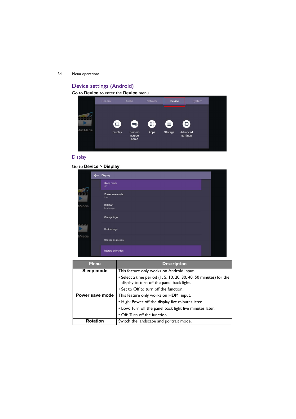 Device settings (android) | BenQ BH2801 28" Bar-Type Stretched Commercial Display User Manual | Page 34 / 58
