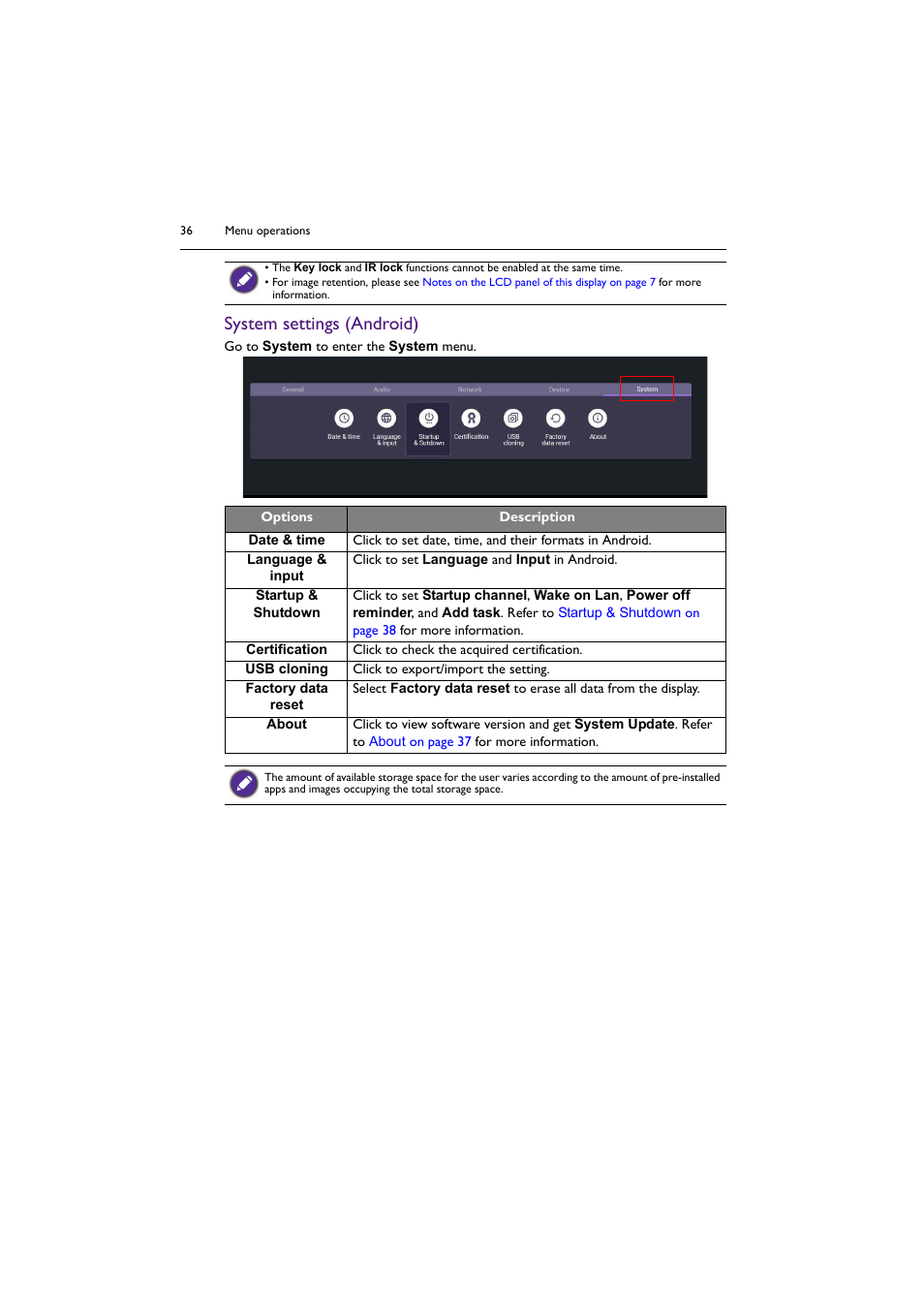 System settings (android) | BenQ BH2801 28" Bar-Type Stretched Commercial Display User Manual | Page 36 / 58