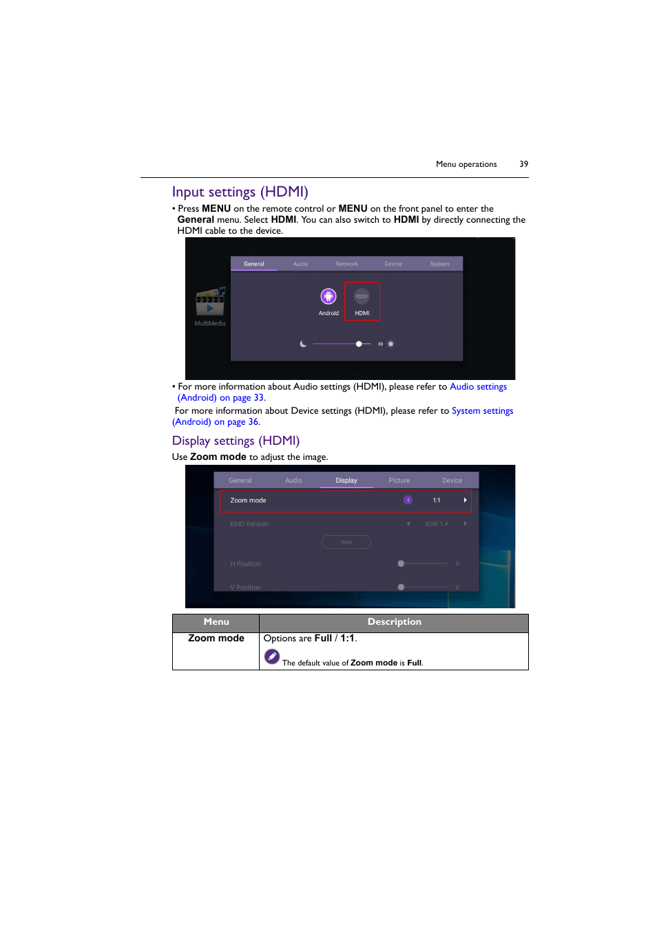Input settings (hdmi), Display settings (hdmi) | BenQ BH2801 28" Bar-Type Stretched Commercial Display User Manual | Page 39 / 58