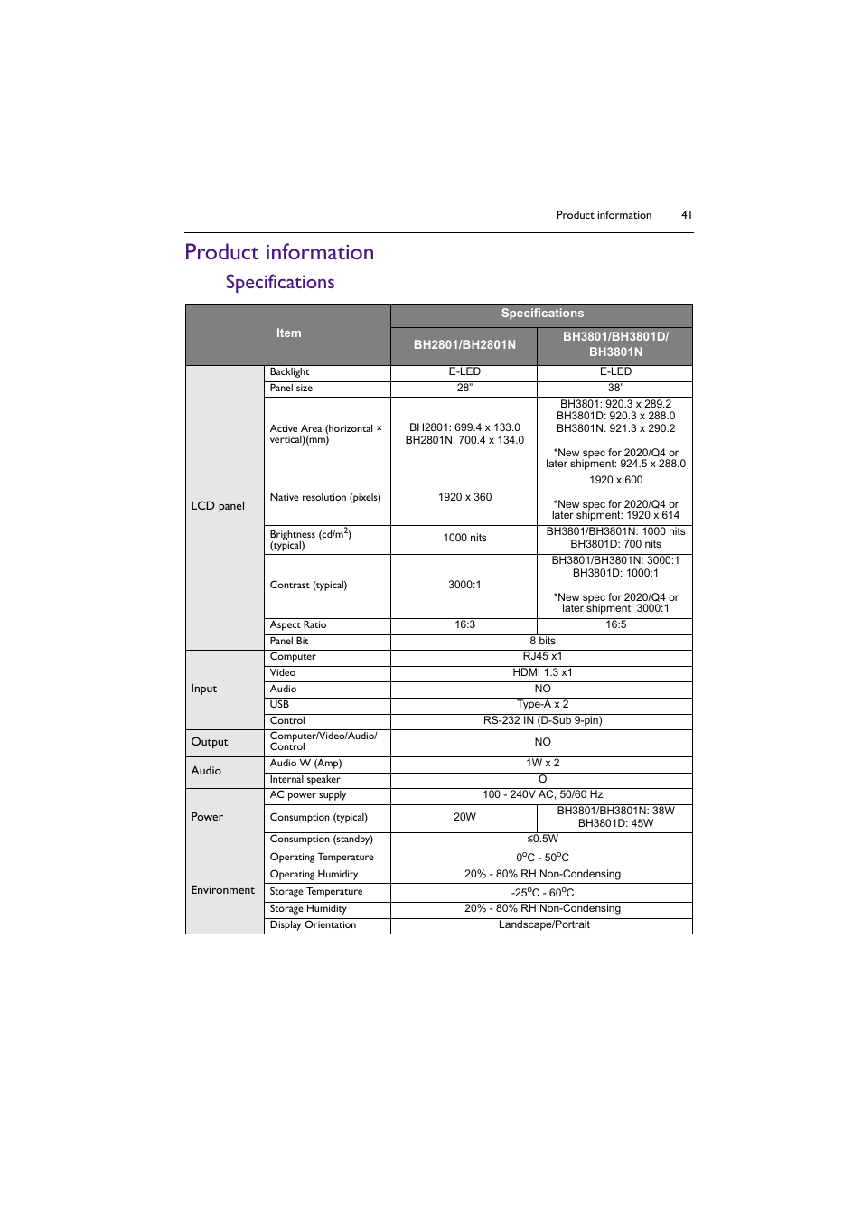 Product information, Specifications | BenQ BH2801 28" Bar-Type Stretched Commercial Display User Manual | Page 41 / 58