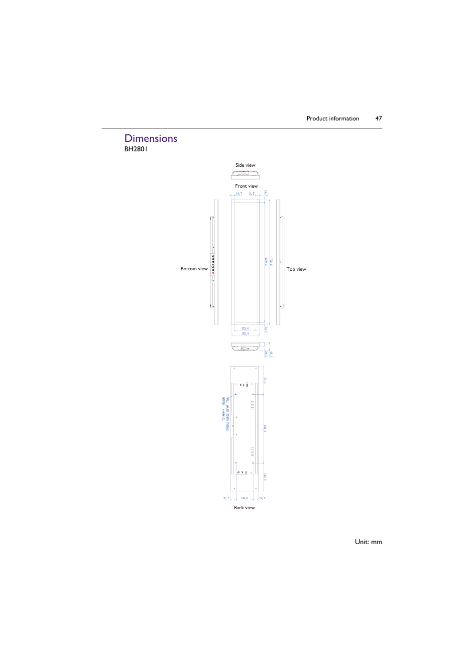 Dimensions | BenQ BH2801 28" Bar-Type Stretched Commercial Display User Manual | Page 47 / 58