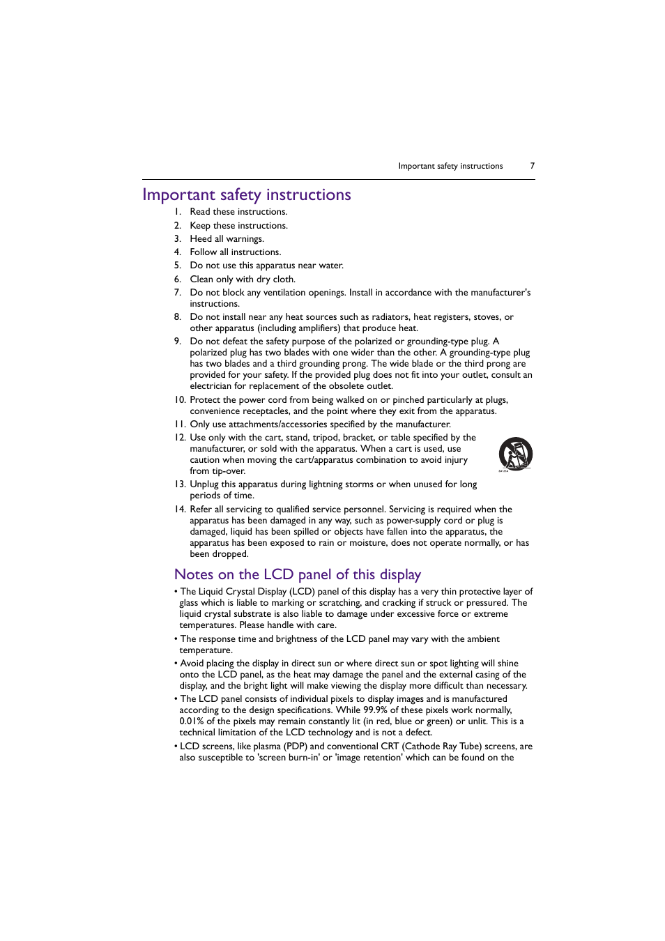 Important safety instructions, Notes on the lcd panel of this display | BenQ BH2801 28" Bar-Type Stretched Commercial Display User Manual | Page 7 / 58