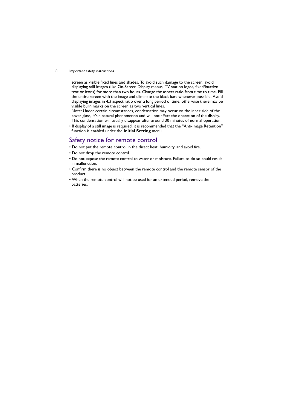 Safety notice for remote control | BenQ BH2801 28" Bar-Type Stretched Commercial Display User Manual | Page 8 / 58