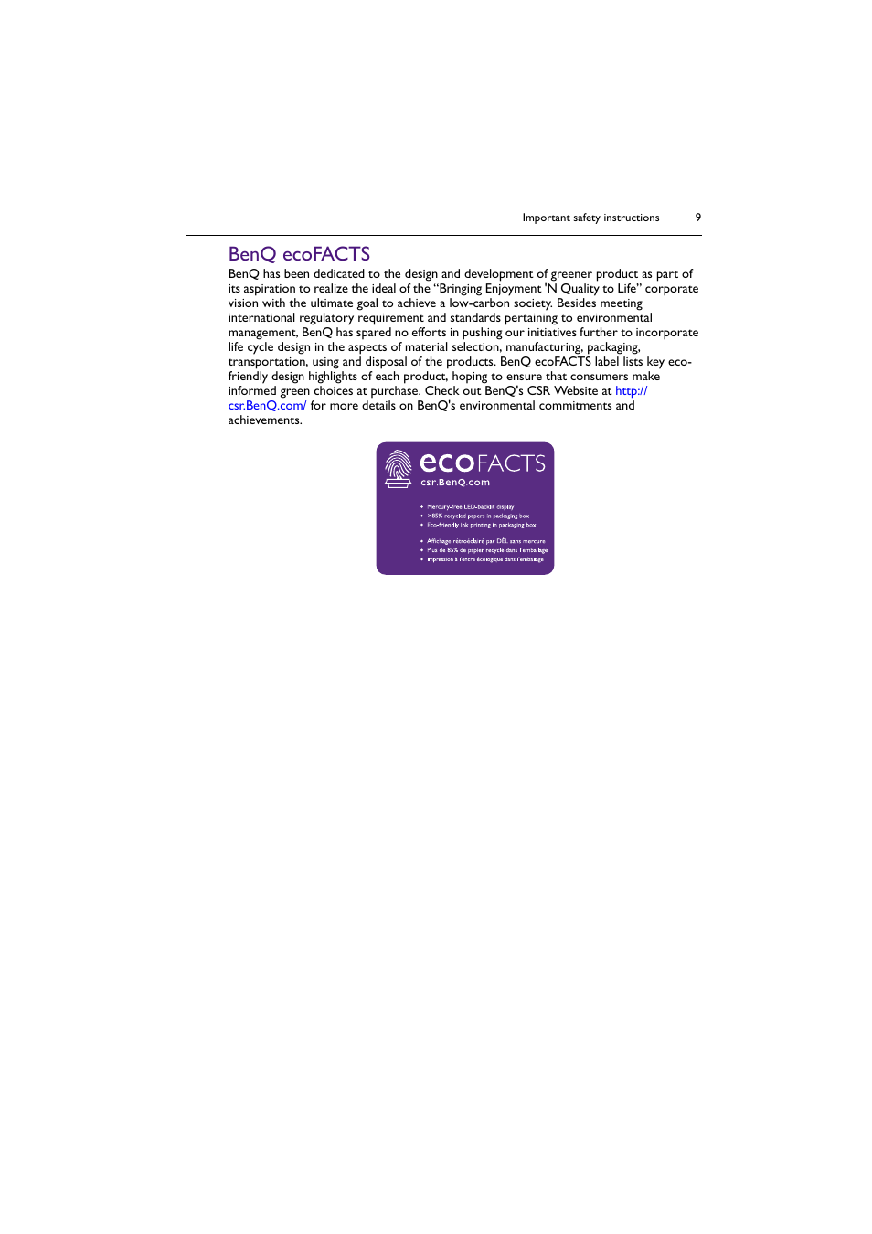 Benq ecofacts | BenQ BH2801 28" Bar-Type Stretched Commercial Display User Manual | Page 9 / 58