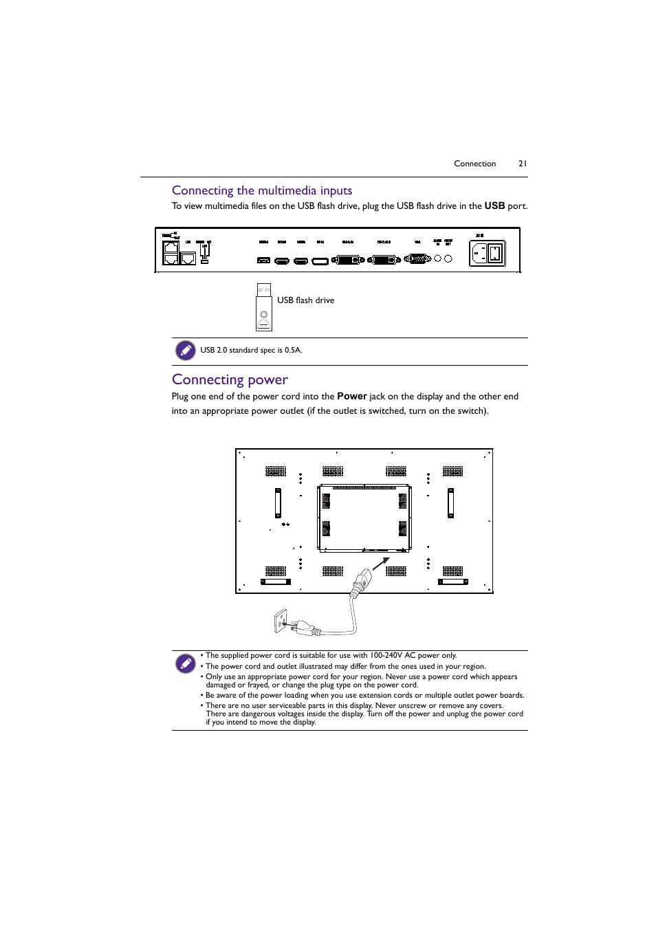 Connecting power, Connecting the multimedia inputs | BenQ PL5502 55" 4K Video Wall Display User Manual | Page 21 / 40