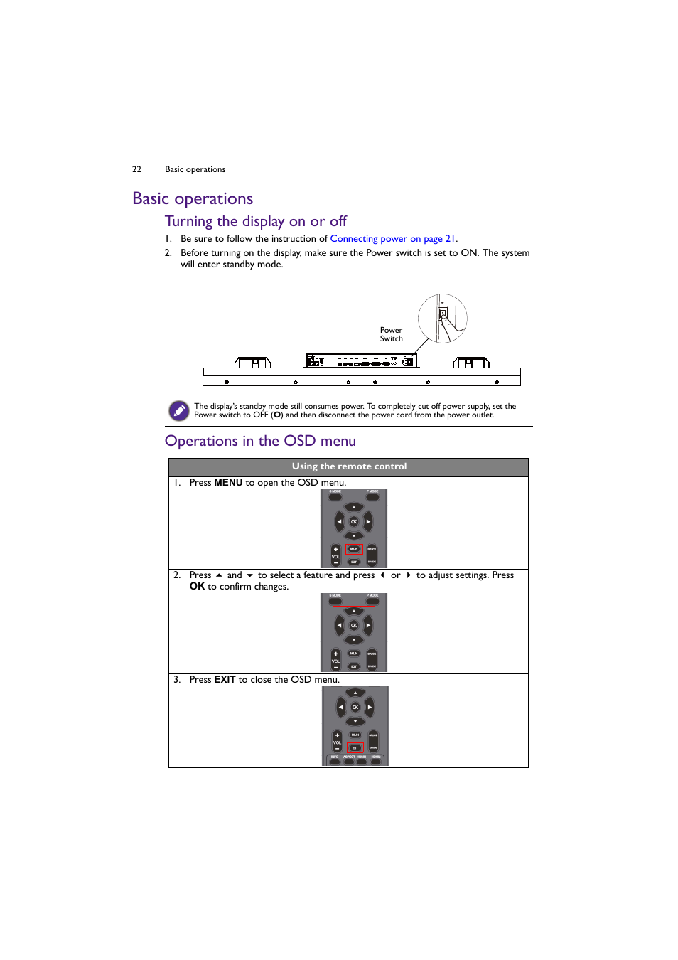 Basic operations, Turning the display on or off, Operations in the osd menu | BenQ PL5502 55" 4K Video Wall Display User Manual | Page 22 / 40