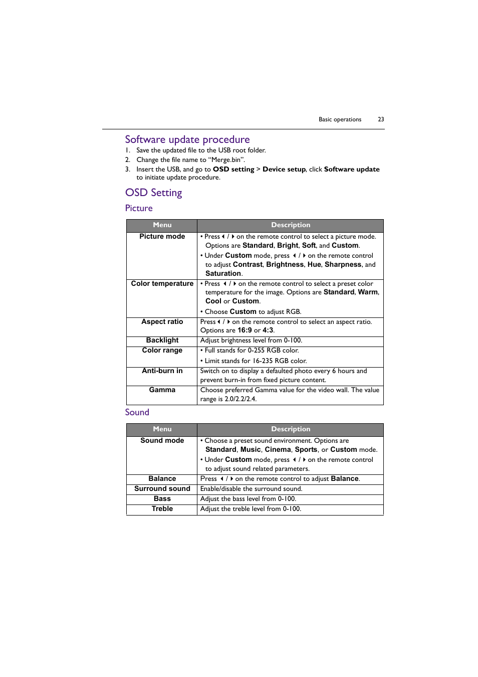 Software update procedure, Osd setting, Software update procedure osd setting | Picture sound | BenQ PL5502 55" 4K Video Wall Display User Manual | Page 23 / 40