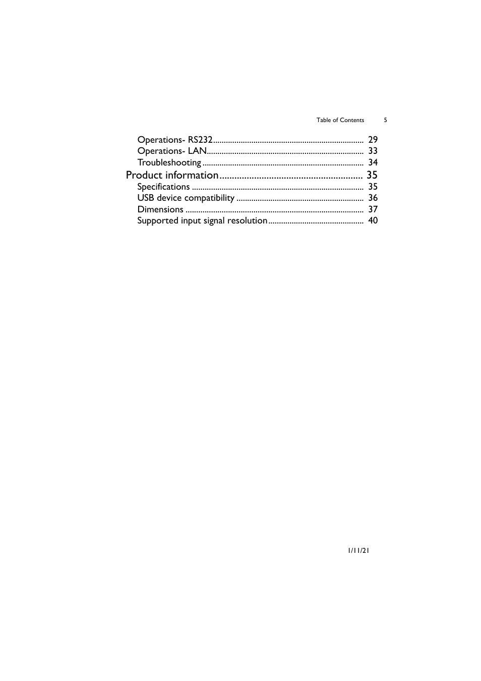 Product information, Operations- rs232 operations- lan troubleshooting | BenQ PL5502 55" 4K Video Wall Display User Manual | Page 5 / 40