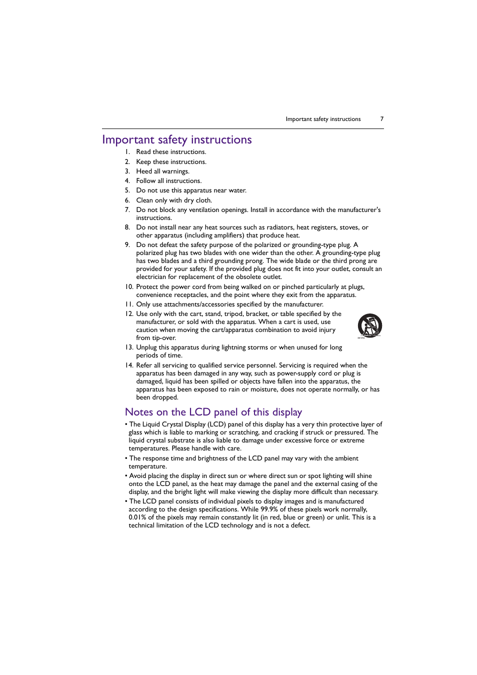 Important safety instructions, Notes on the lcd panel of this display | BenQ PL5502 55" 4K Video Wall Display User Manual | Page 7 / 40