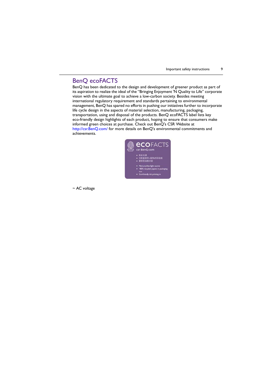 Benq ecofacts | BenQ PL5502 55" 4K Video Wall Display User Manual | Page 9 / 40
