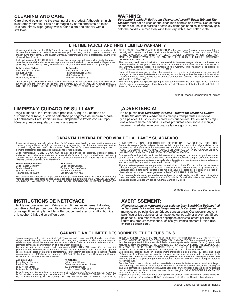 Cleaning and care, Limpieza y cuidado de su llave, Advertencia | Instructions de nettoyage, Avertissement, Warning, Lifetime faucet and finish limited warranty | Delta 3584 Series User Manual | Page 2 / 8