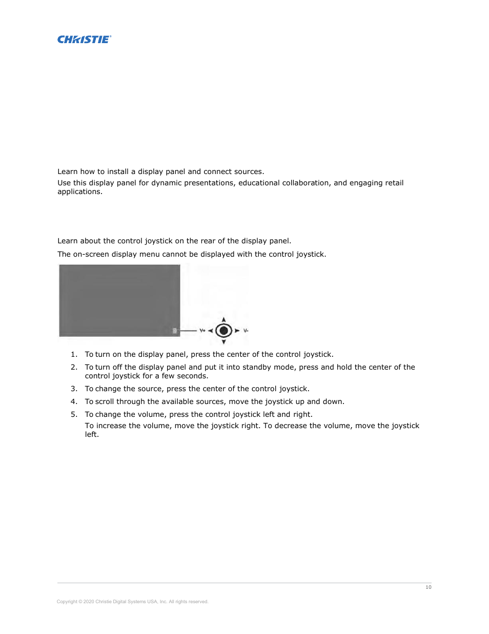 Installing a display panel, Display panel control joystick | Christie Access Series II UHD752-L 75" UHD 4K Commercial Monitor User Manual | Page 10 / 48