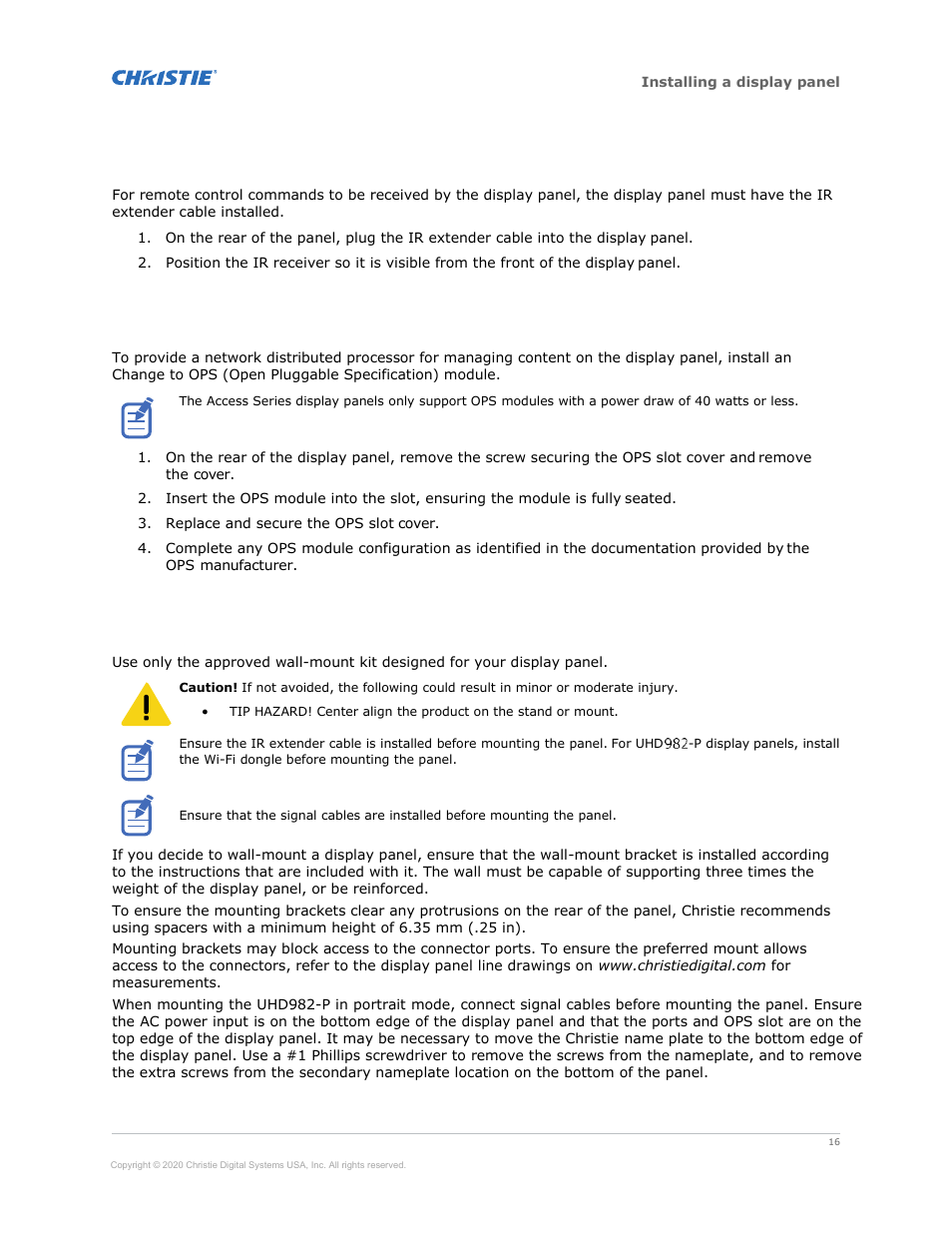 Installing the ir extender cable, Installing an ops module, Mounting a display panel | Christie Access Series II UHD752-L 75" UHD 4K Commercial Monitor User Manual | Page 16 / 48