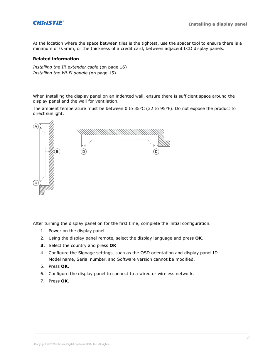 Installing a display panel on an indented wall, Configuring the display panel after installation | Christie Access Series II UHD752-L 75" UHD 4K Commercial Monitor User Manual | Page 17 / 48