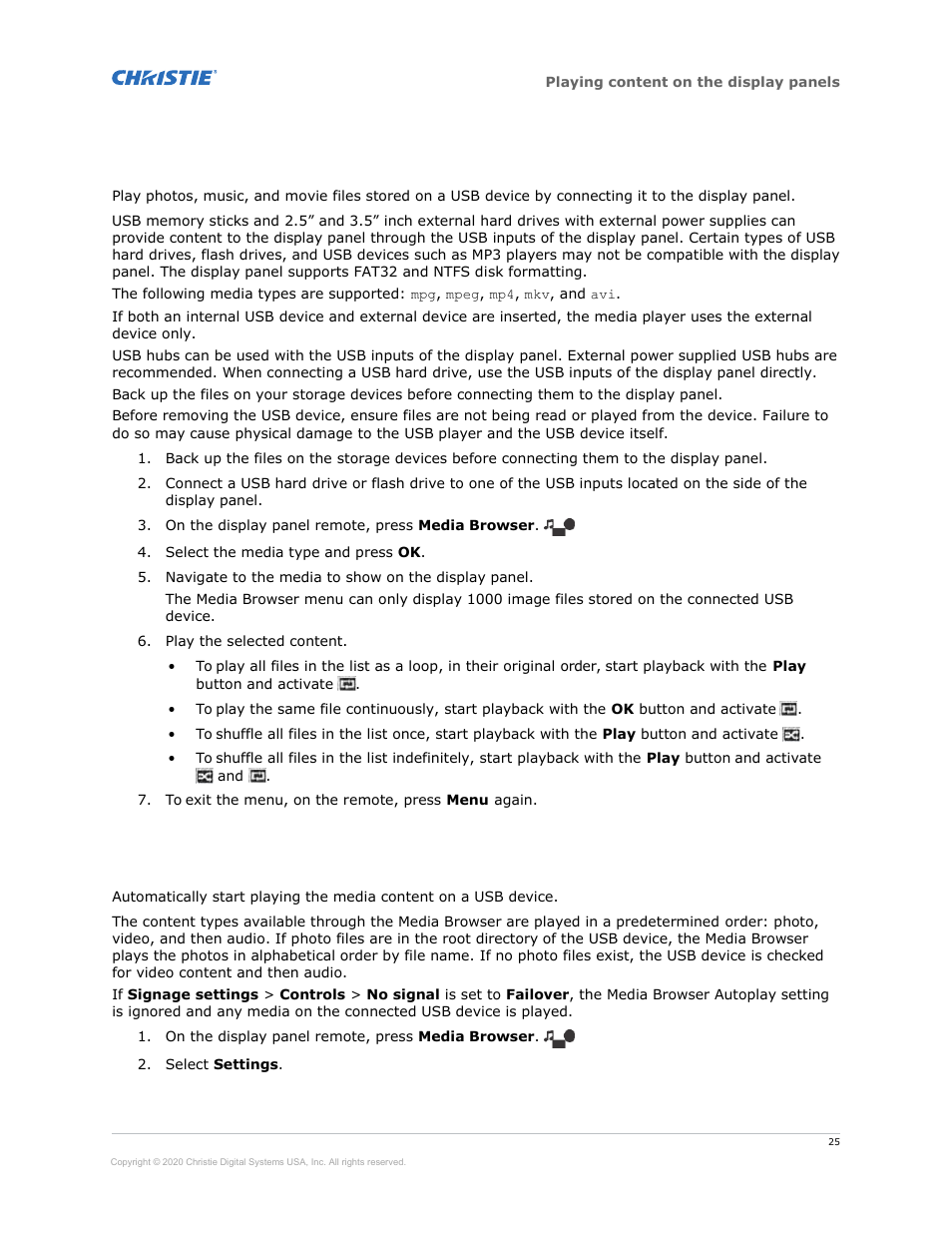 Playing media from usb, Playing usb media automatically | Christie Access Series II UHD752-L 75" UHD 4K Commercial Monitor User Manual | Page 25 / 48