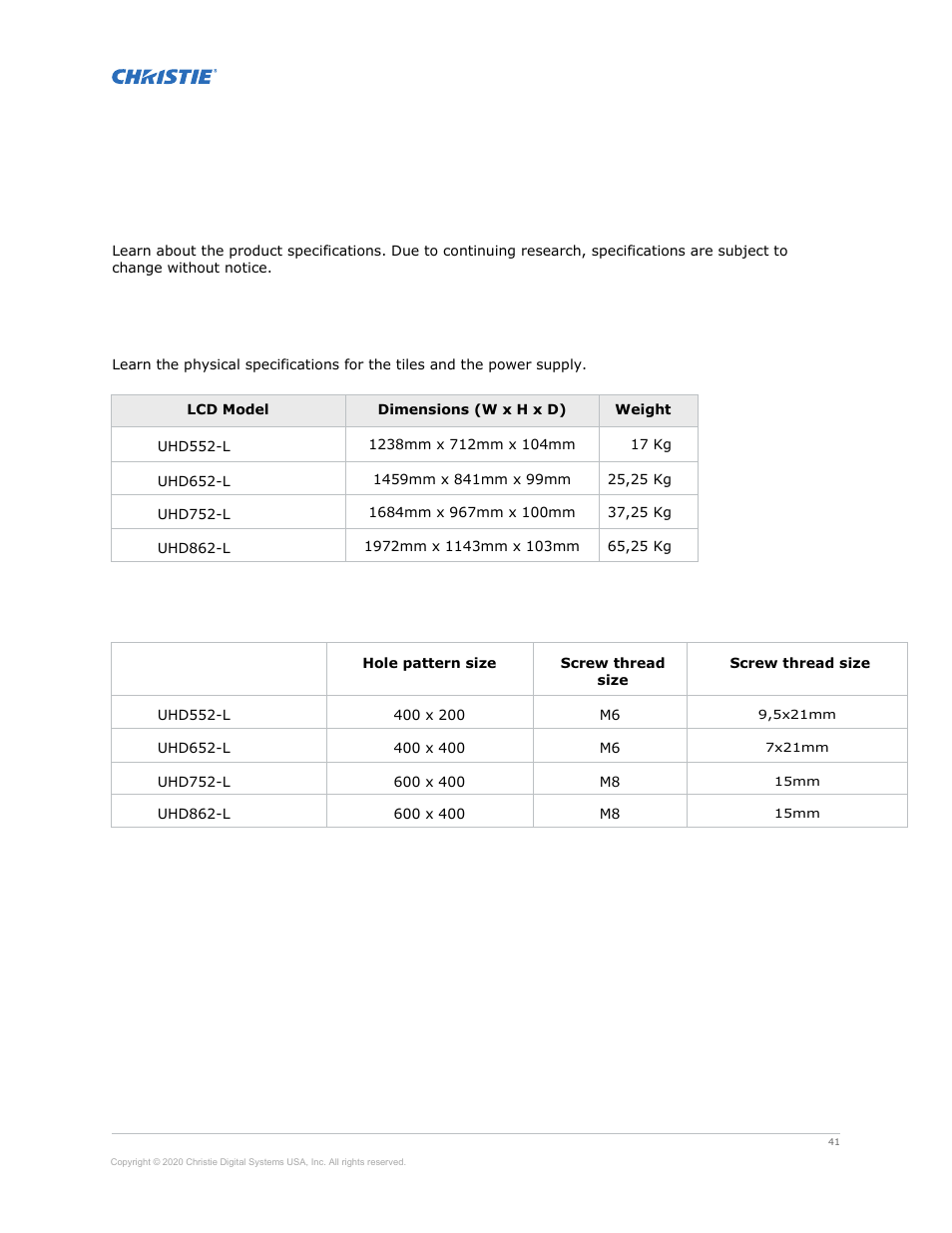 Specifications, Physical specifications, Vesa wall mount measurements | Christie Access Series II UHD752-L 75" UHD 4K Commercial Monitor User Manual | Page 41 / 48