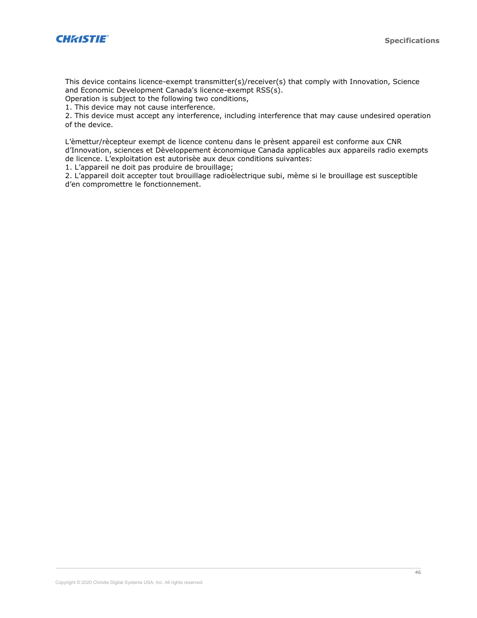 Certification note for canada | Christie Access Series II UHD752-L 75" UHD 4K Commercial Monitor User Manual | Page 46 / 48
