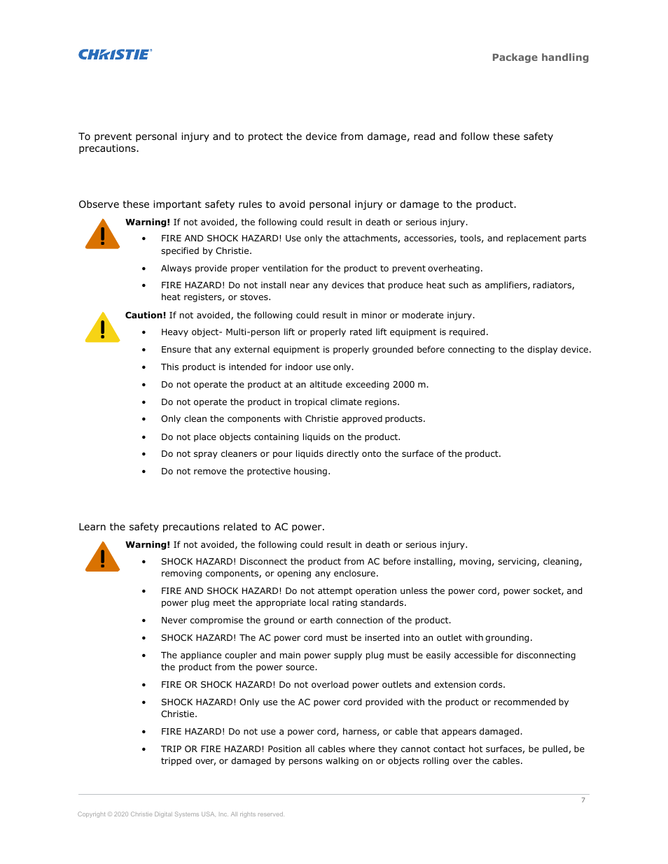 Important safeguards, General safety warnings, Ac power precautions | Christie Access Series II UHD752-L 75" UHD 4K Commercial Monitor User Manual | Page 7 / 48