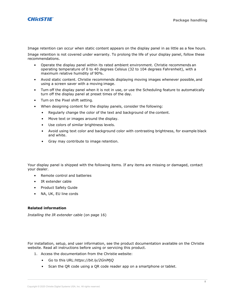 Avoiding image retention, Parts list, Product documentation | Christie Access Series II UHD752-L 75" UHD 4K Commercial Monitor User Manual | Page 8 / 48