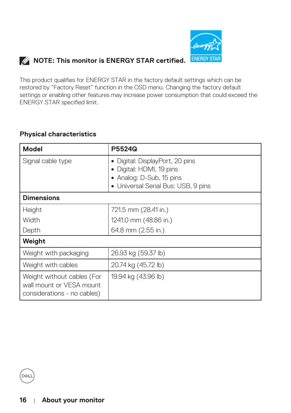 Physical characteristics | Dell P5524Q 55" UHD 4K Commercial Monitor User Manual | Page 16 / 68