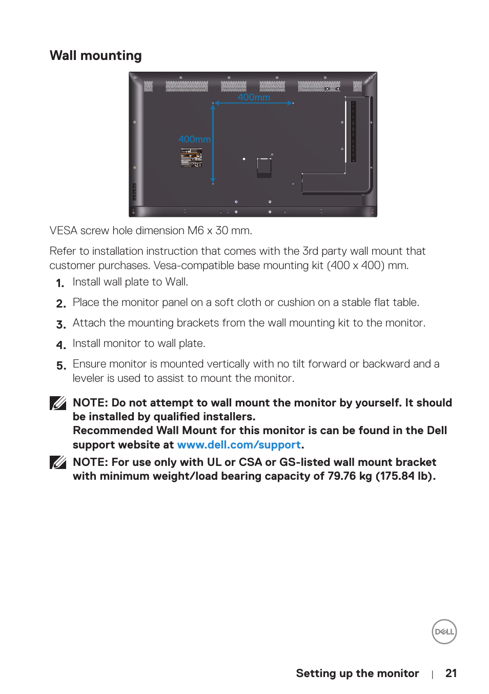 Wall mounting, Setting up the monitor, 400mm | Dell P5524Q 55" UHD 4K Commercial Monitor User Manual | Page 21 / 68