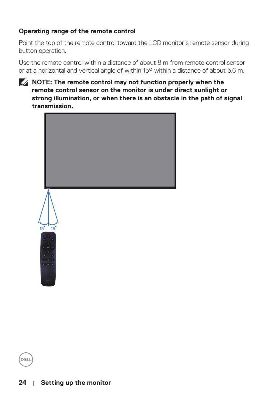 Operating range of the remote control | Dell P5524Q 55" UHD 4K Commercial Monitor User Manual | Page 24 / 68