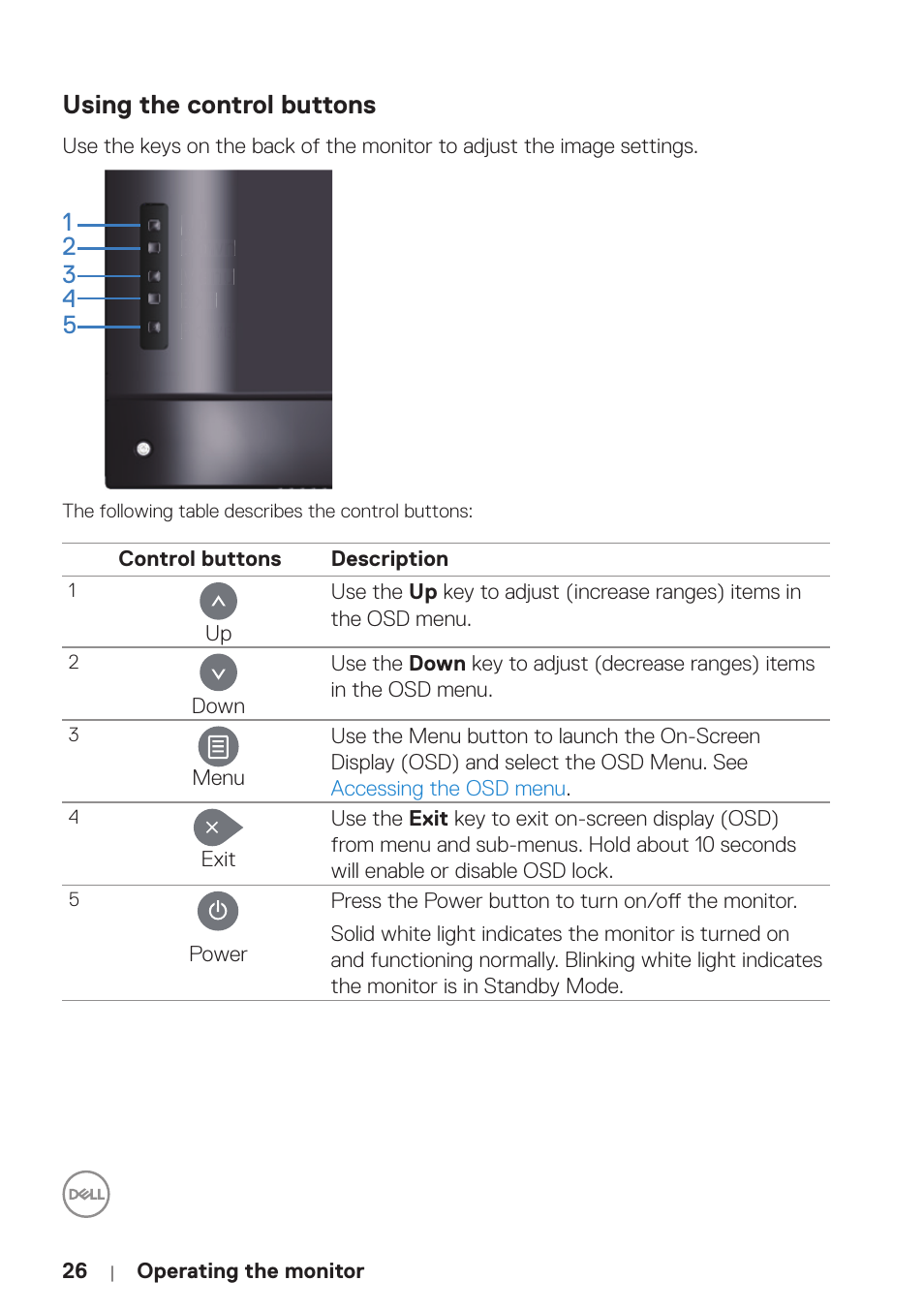 Using the control buttons | Dell P5524Q 55" UHD 4K Commercial Monitor User Manual | Page 26 / 68