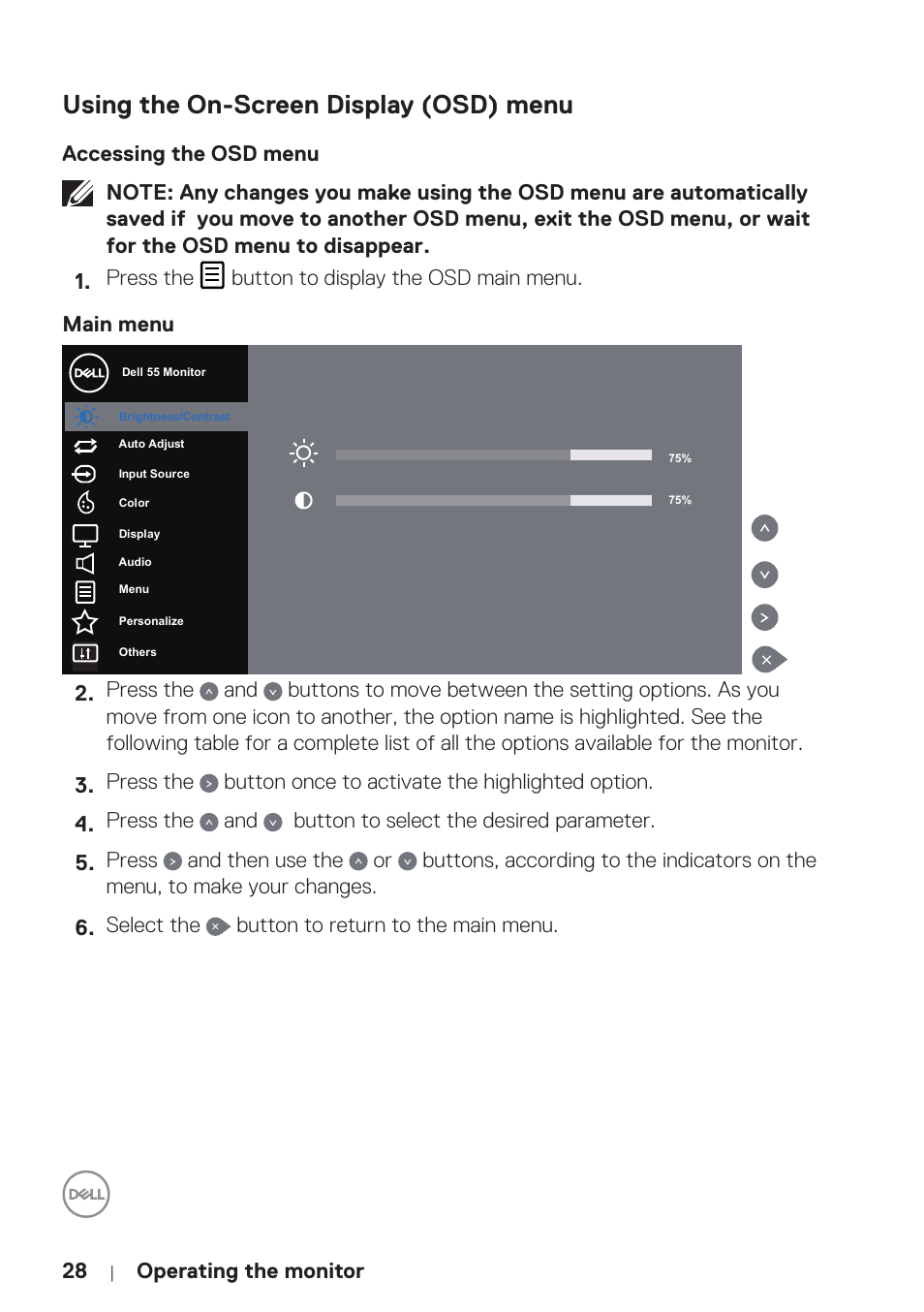 Using the on-screen display (osd) menu, Accessing the osd menu, Operating the monitor | Dell P5524Q 55" UHD 4K Commercial Monitor User Manual | Page 28 / 68