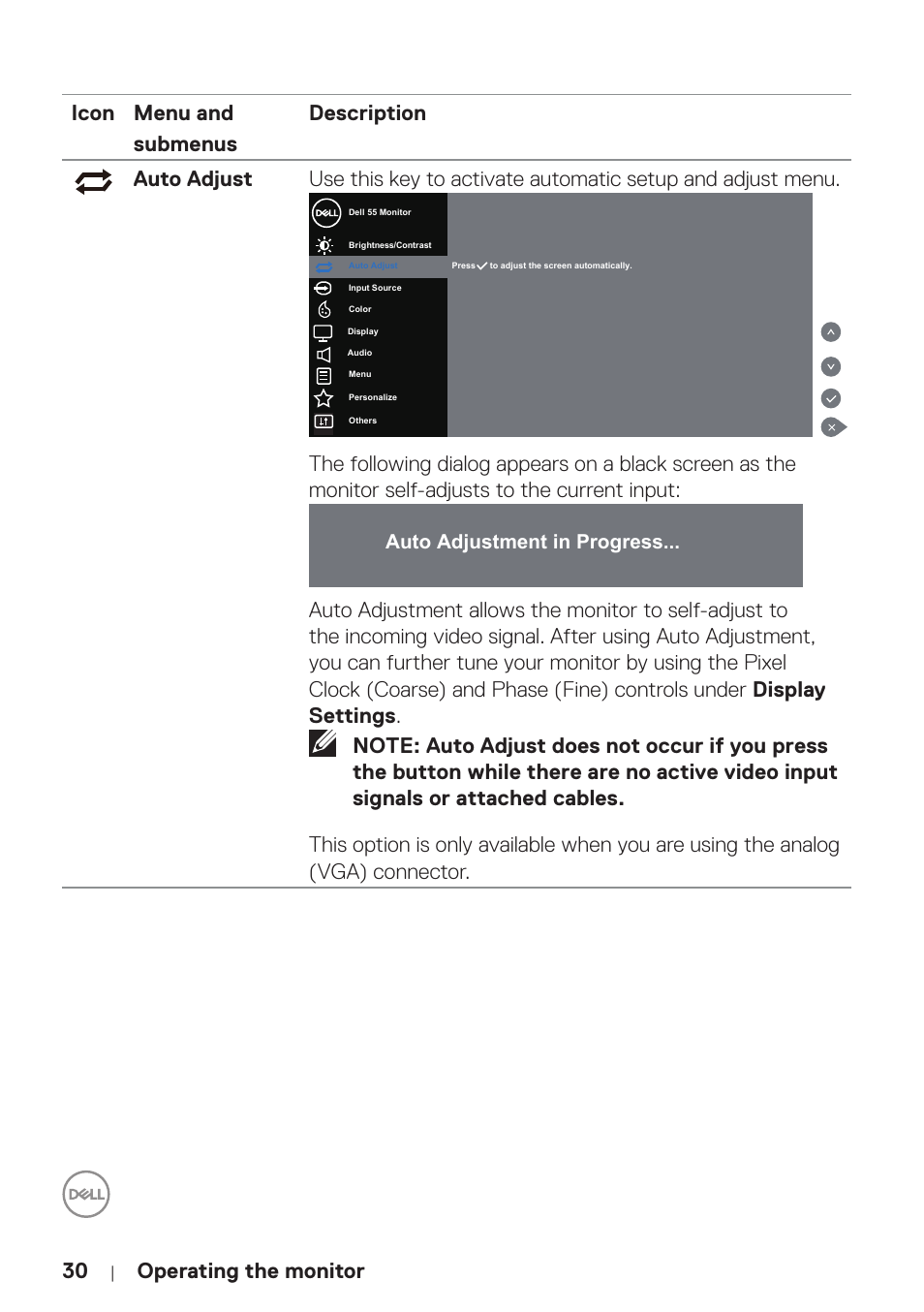 Auto adjustment in progress | Dell P5524Q 55" UHD 4K Commercial Monitor User Manual | Page 30 / 68
