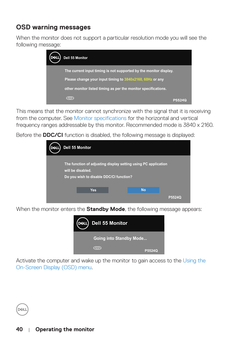 Osd warning messages | Dell P5524Q 55" UHD 4K Commercial Monitor User Manual | Page 40 / 68