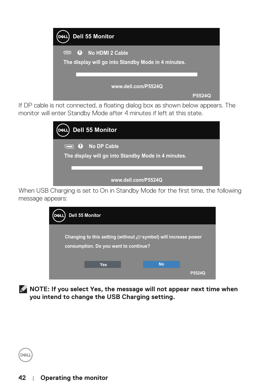 Operating the monitor | Dell P5524Q 55" UHD 4K Commercial Monitor User Manual | Page 42 / 68