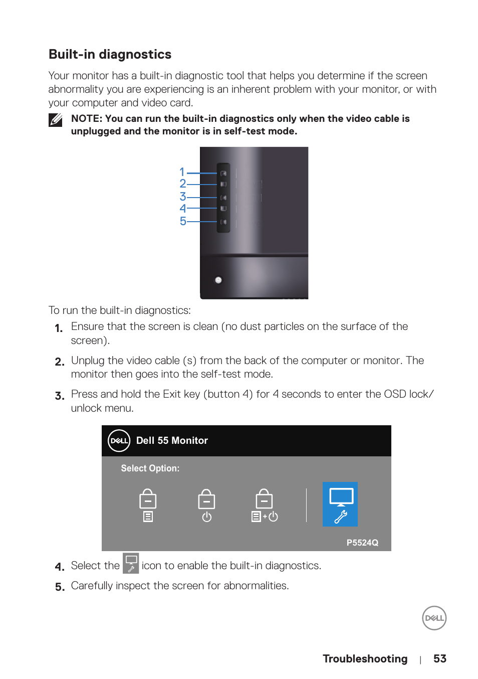 Built-in diagnostics | Dell P5524Q 55" UHD 4K Commercial Monitor User Manual | Page 53 / 68