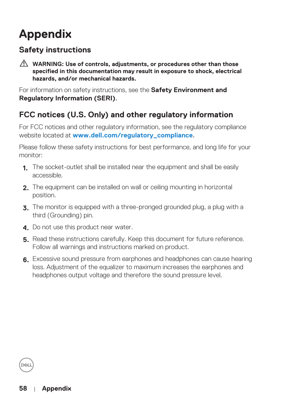 Appendix, Safety instructions, Safety instructions 58 | Dell P5524Q 55" UHD 4K Commercial Monitor User Manual | Page 58 / 68