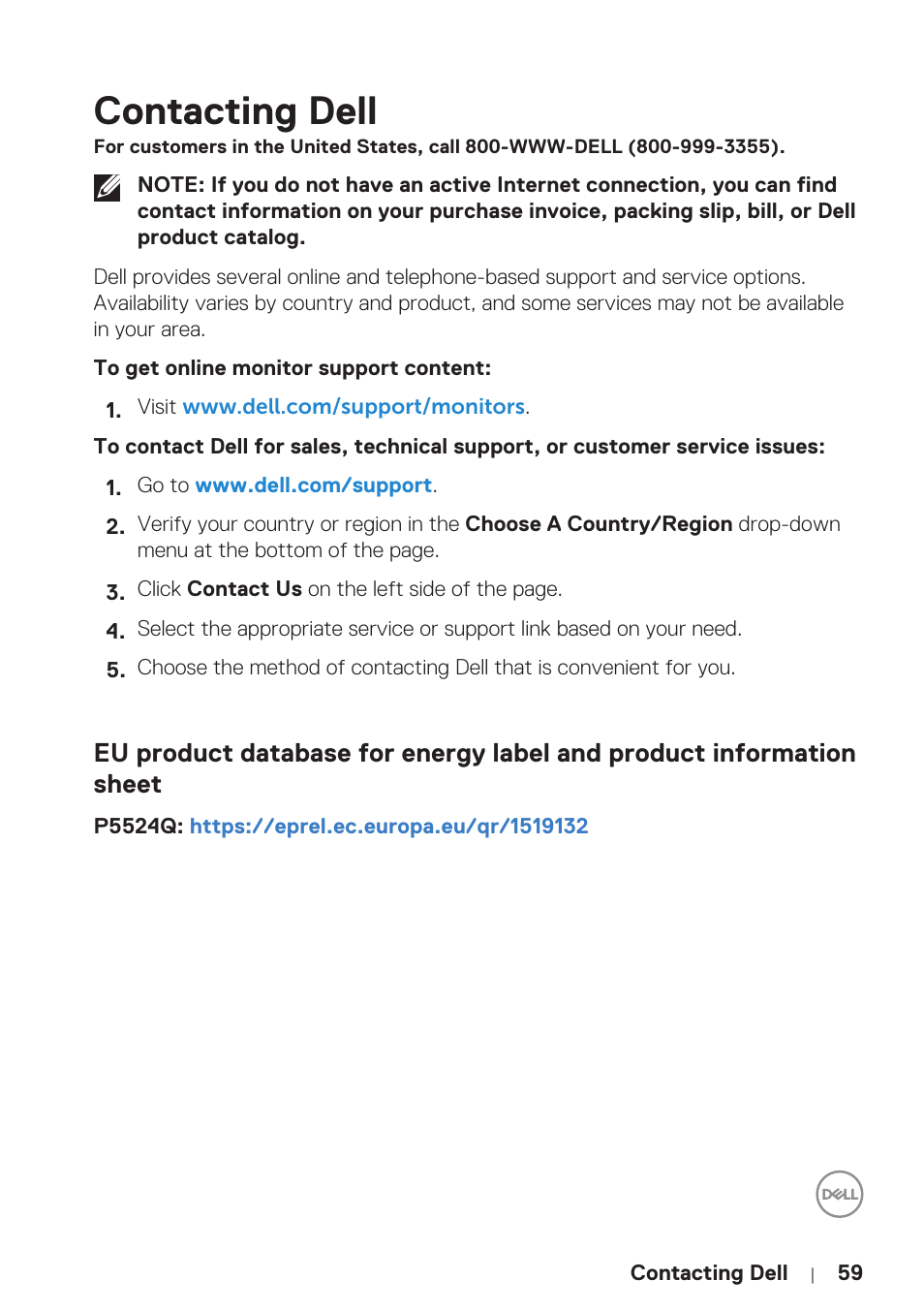 Contacting dell | Dell P5524Q 55" UHD 4K Commercial Monitor User Manual | Page 59 / 68