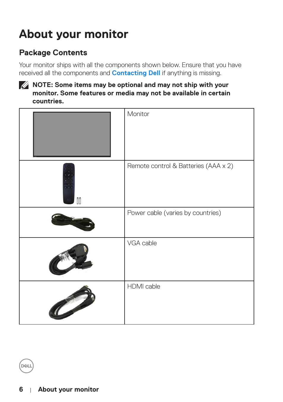 About your monitor, Package contents | Dell P5524Q 55" UHD 4K Commercial Monitor User Manual | Page 6 / 68