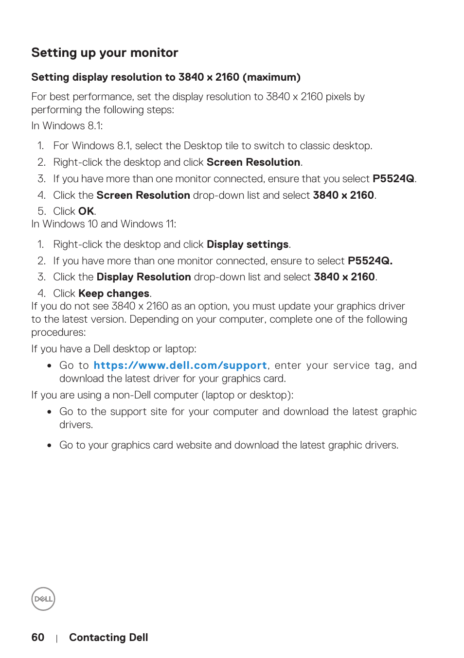 Setting up your monitor | Dell P5524Q 55" UHD 4K Commercial Monitor User Manual | Page 60 / 68