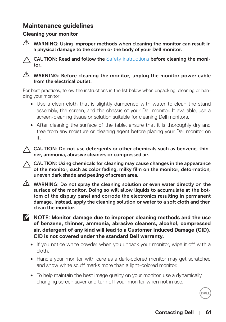 Maintenance guidelines, Cleaning your monitor | Dell P5524Q 55" UHD 4K Commercial Monitor User Manual | Page 61 / 68