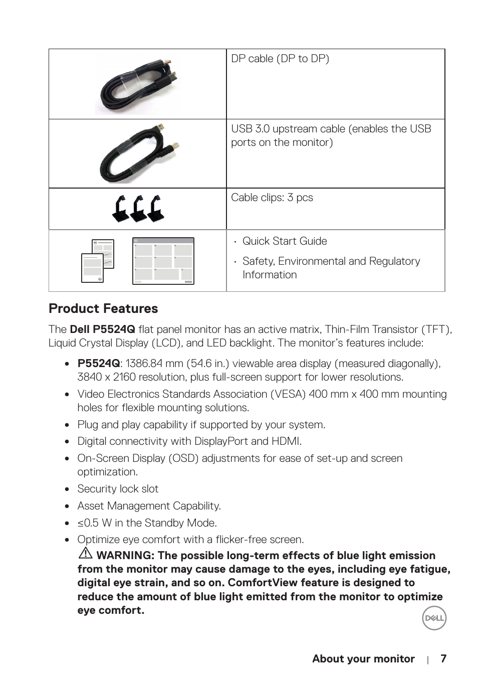 Product features | Dell P5524Q 55" UHD 4K Commercial Monitor User Manual | Page 7 / 68